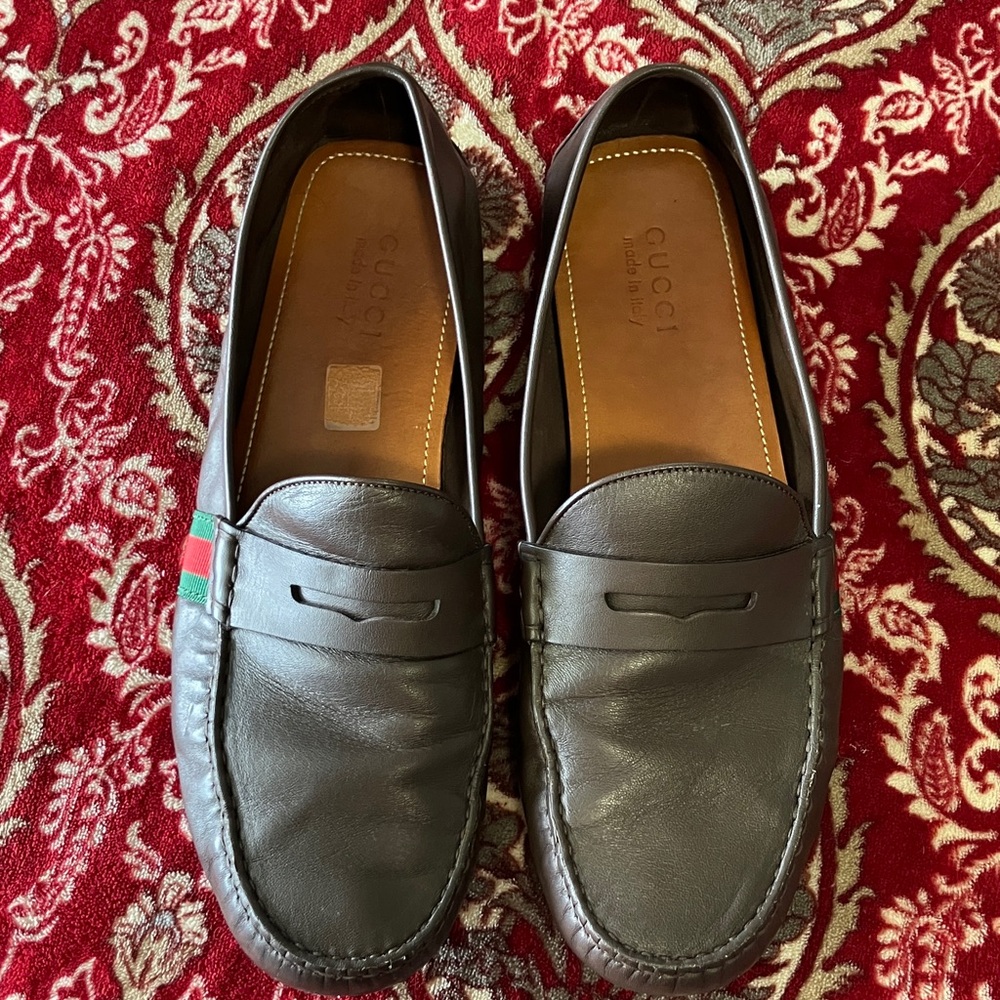 Gucci Brown Leather Penny Loafers with Signature Red & Green Web - Picture 3 of 11